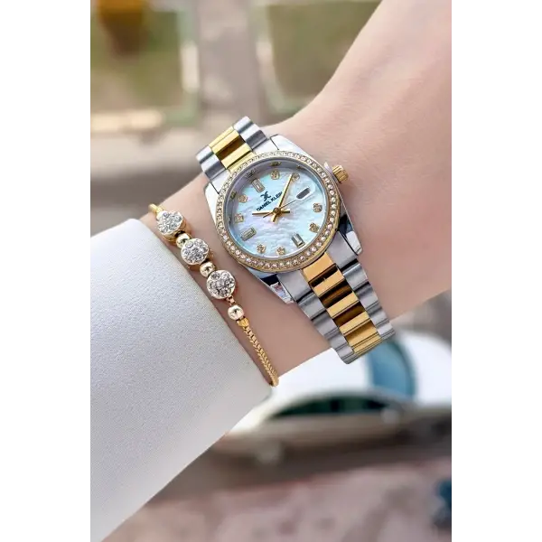 Gold Gümüş Renk 28 Mm Kadın Kol Saati ve Bileklik