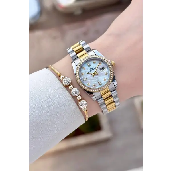 Gold Gümüş Renk 28 Mm Kadın Kol Saati ve Bileklik