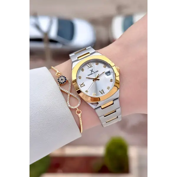 Gold Gümüş Renk 30 Mm Kadın Kol Saati ve Bileklik