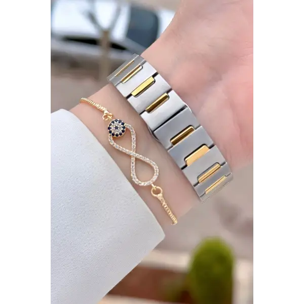 Gold Gümüş Renk 30 Mm Kadın Kol Saati ve Bileklik