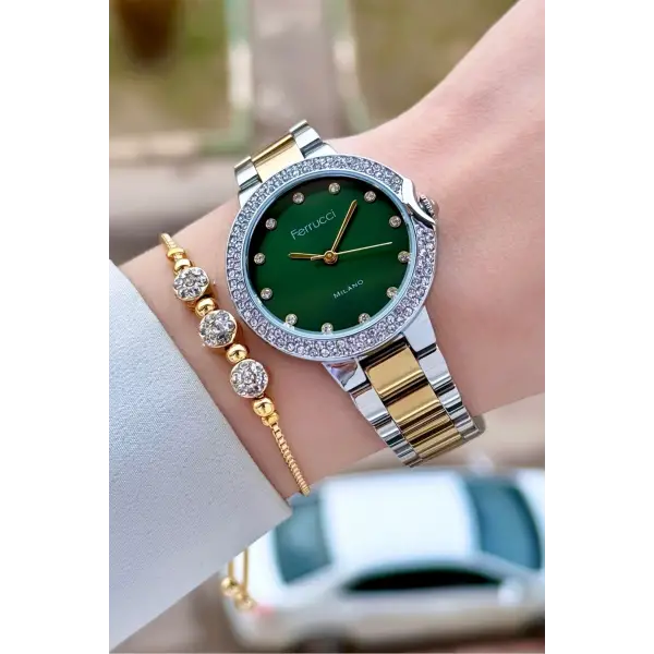 Kadranı Yeşil Kordonu Gold Gümüş Renk Kadın Kol Saati ve Bileklik