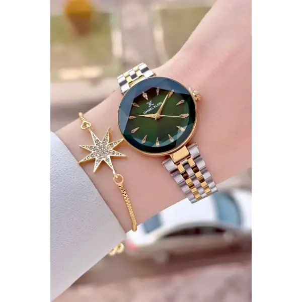 Kadranı Yeşil Kordonu Gold Gümüş Renk 30 Mm Kadın Kol Saati ve Bileklik