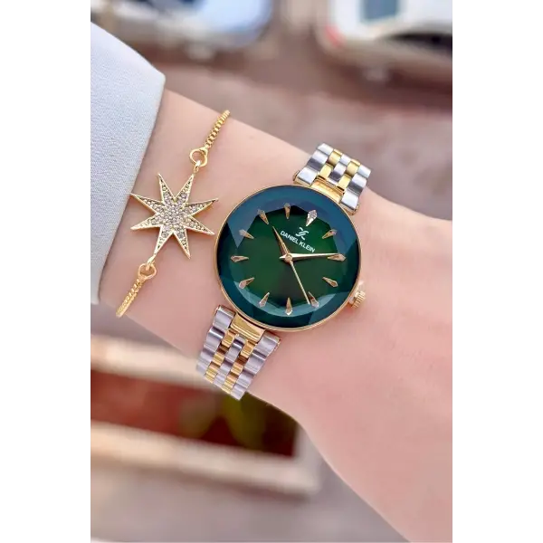 Kadranı Yeşil Kordonu Gold Gümüş Renk 30 Mm Kadın Kol Saati ve Bileklik