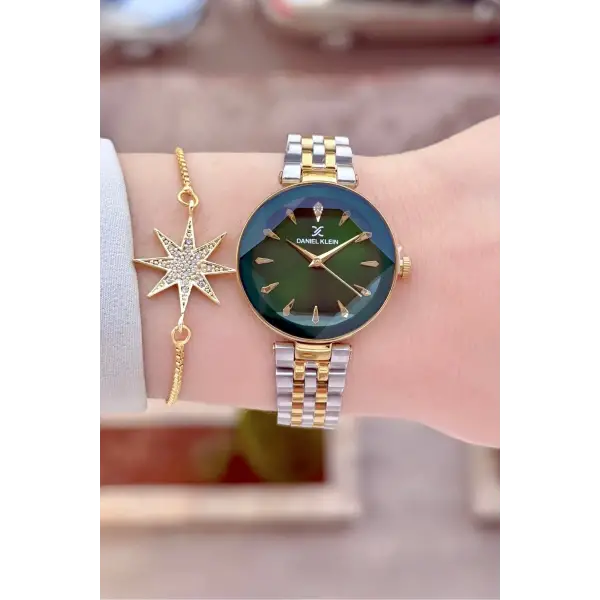 Kadranı Yeşil Kordonu Gold Gümüş Renk 30 Mm Kadın Kol Saati ve Bileklik