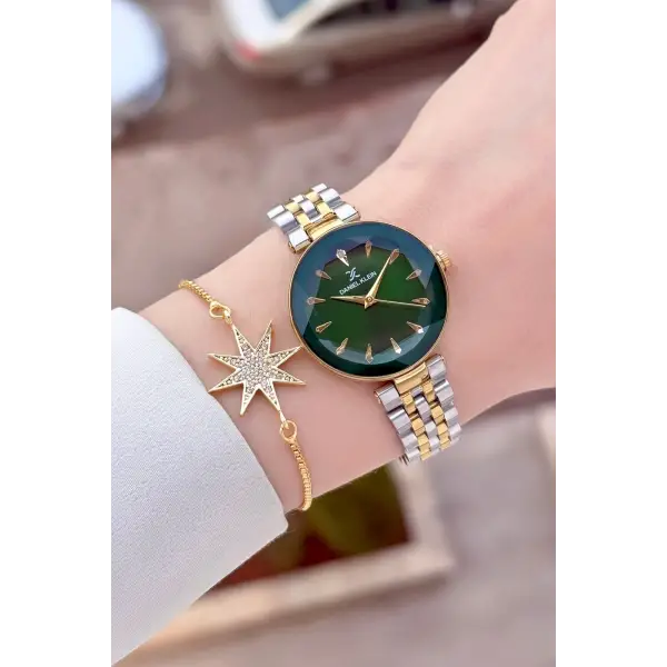 Kadranı Yeşil Kordonu Gold Gümüş Renk 30 Mm Kadın Kol Saati ve Bileklik