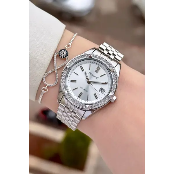 Gümüş Renk 34 Mm Kadın Kol Saati ve Bileklik