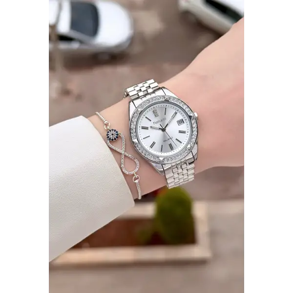 Gümüş Renk 34 Mm Kadın Kol Saati ve Bileklik