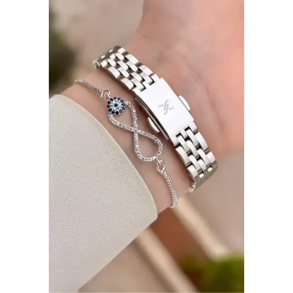 Gümüş Renk Hediye Paketli Kadın Kol Saati ve Bileklik