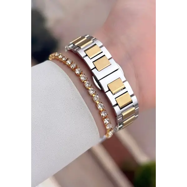 Gold Gümüş Renk Hediye Paketli 30 Mm Kadın Kol Saati ve Bileklik