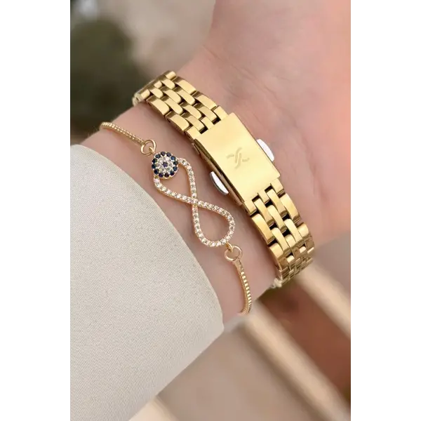 Gold Renk Hediye Paketli Kadın Kol Saati ve Bileklik