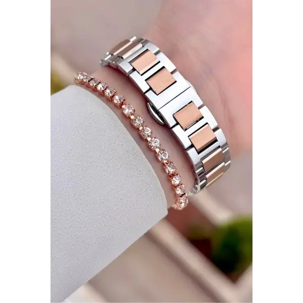 Rose Gümüş Renk Hediye Paketli 30 Mm Kadın Kol Saati ve Bileklik