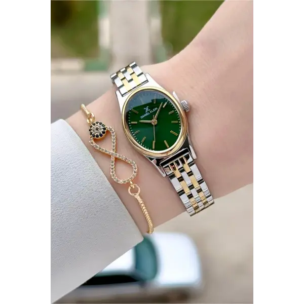 Gold Gümüş Yeşil Renk Hediye Paketli Kadın Kol Saati ve Bileklik