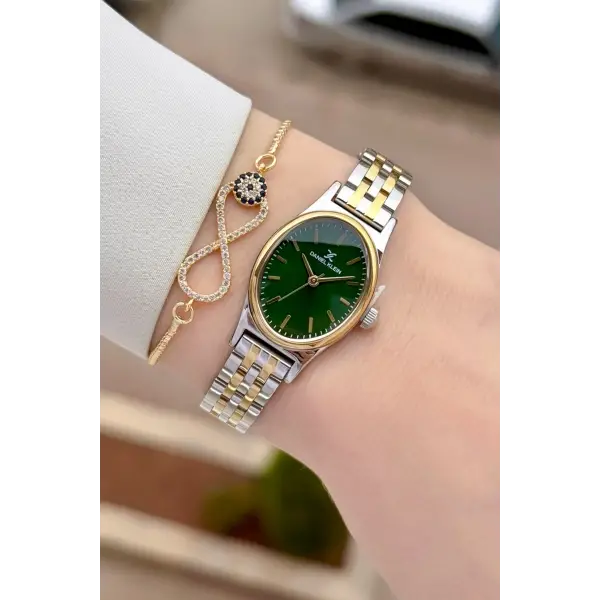 Gold Gümüş Yeşil Renk Hediye Paketli Kadın Kol Saati ve Bileklik