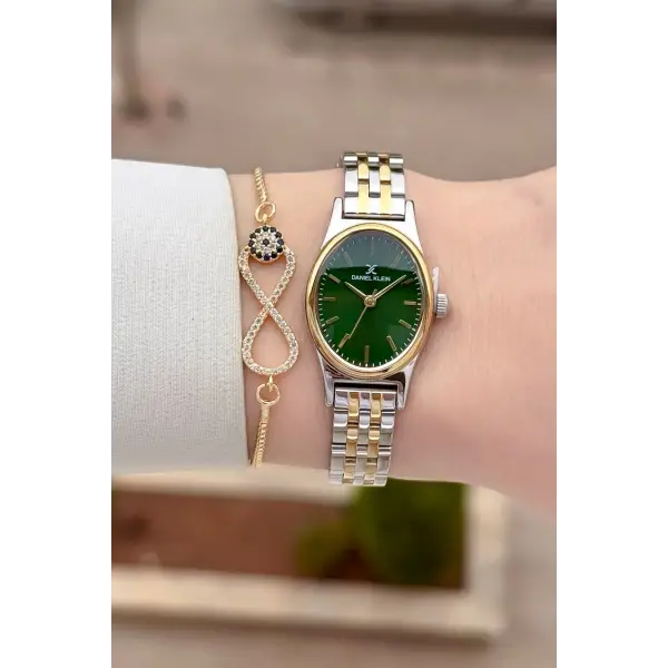 Gold Gümüş Yeşil Renk Hediye Paketli Kadın Kol Saati ve Bileklik