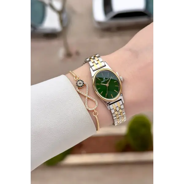 Gold Gümüş Yeşil Renk Hediye Paketli Kadın Kol Saati ve Bileklik