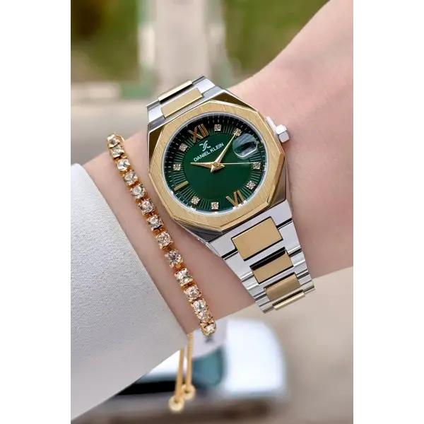 Gold Gümüş Yeşil Renk Hediye Paketli 30 Mm Kadın Kol Saati ve Bileklik