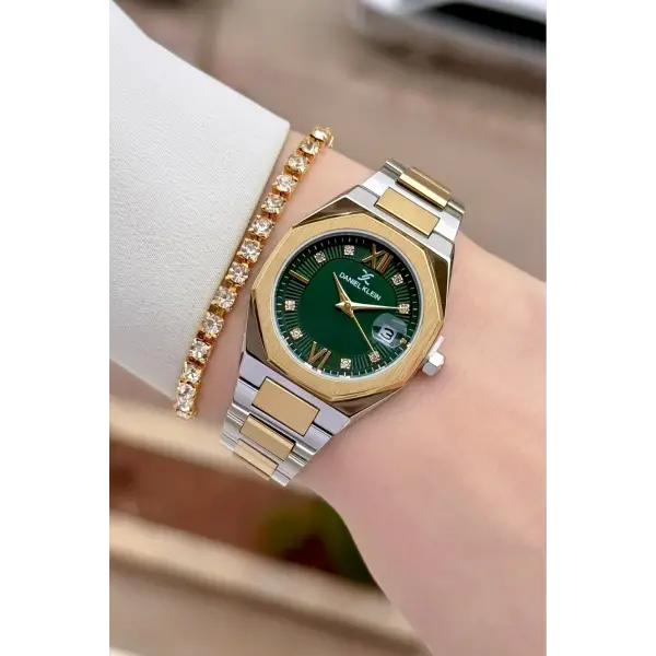 Gold Gümüş Yeşil Renk Hediye Paketli 30 Mm Kadın Kol Saati ve Bileklik