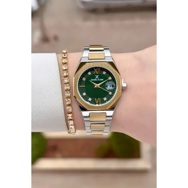 Gold Gümüş Yeşil Renk Hediye Paketli 30 Mm Kadın Kol Saati ve Bileklik