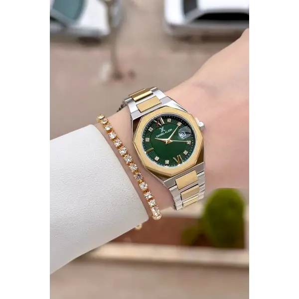 Gold Gümüş Yeşil Renk Hediye Paketli 30 Mm Kadın Kol Saati ve Bileklik