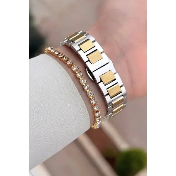 Gold Gümüş Yeşil Renk Hediye Paketli 30 Mm Kadın Kol Saati ve Bileklik
