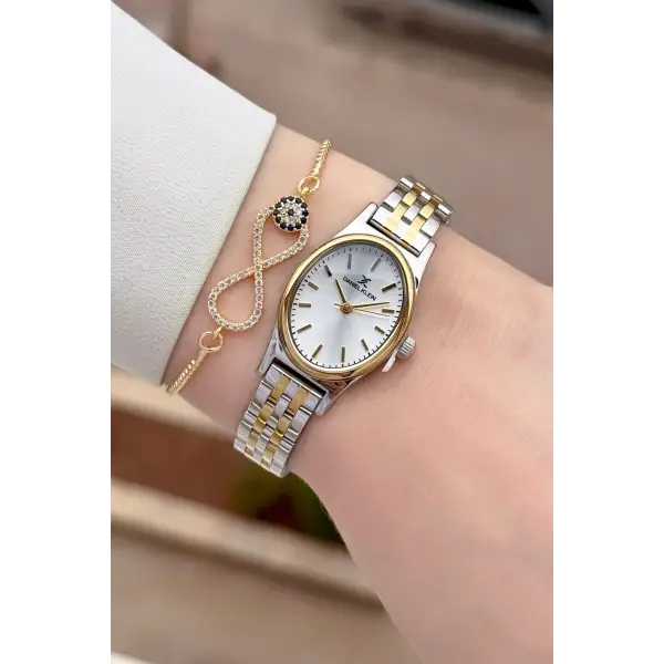 Gold Gümüş Renk Hediye Paketli Kadın Kol Saati ve Bileklik