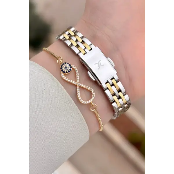 Gold Gümüş Renk Hediye Paketli Kadın Kol Saati ve Bileklik