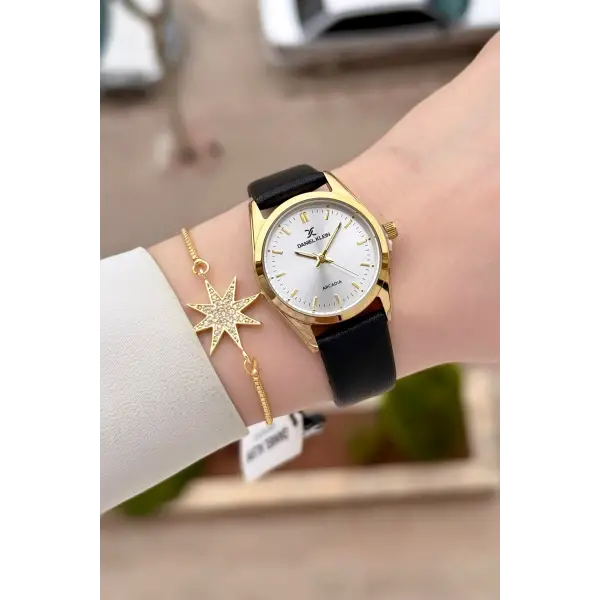 Kasası Gold Kordonu Siyah Renk Hediye Paketli Kadın Kol Saati ve Bileklik