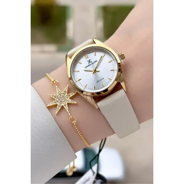 Kasası Gold Kordonu Vizon Renk Hediye Paketli Kadın Kol Saati ve Bileklik