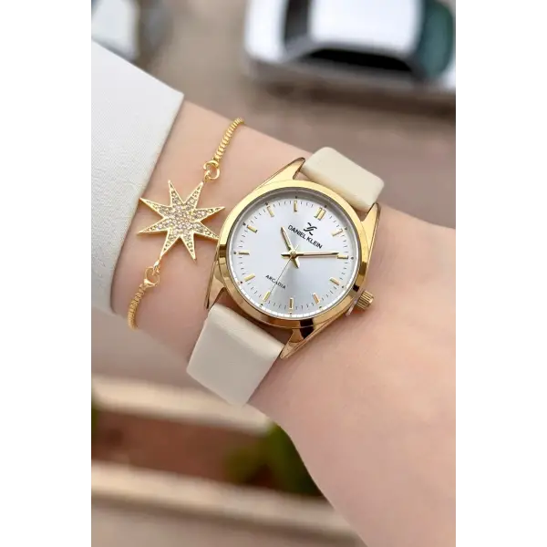 Kasası Gold Kordonu Vizon Renk Hediye Paketli Kadın Kol Saati ve Bileklik