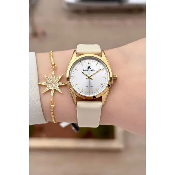 Kasası Gold Kordonu Vizon Renk Hediye Paketli Kadın Kol Saati ve Bileklik