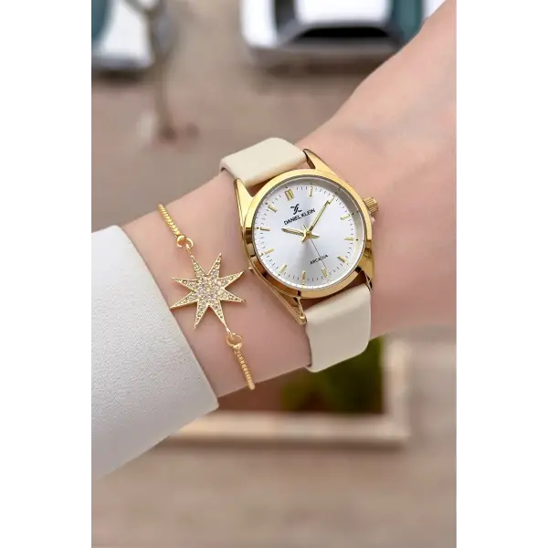 Kasası Gold Kordonu Vizon Renk Hediye Paketli Kadın Kol Saati ve Bileklik