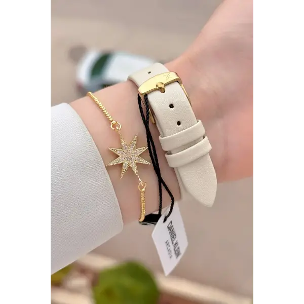 Kasası Gold Kordonu Vizon Renk Hediye Paketli Kadın Kol Saati ve Bileklik