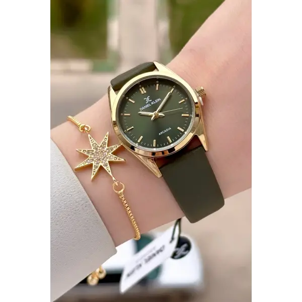 Kasası Gold Kordonu Yeşil Renk Hediye Paketli Kadın Kol Saati ve Bileklik