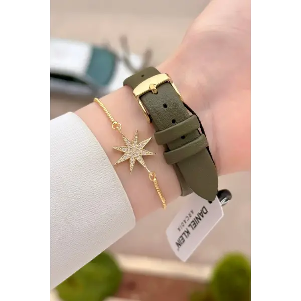 Kasası Gold Kordonu Yeşil Renk Hediye Paketli Kadın Kol Saati ve Bileklik