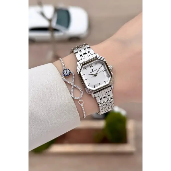 Gümüş Renk Hediye Paketli 23 Mm Kare Kadın Kol Saati ve Bileklik