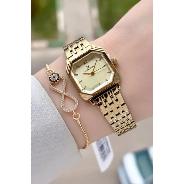 Kadranı Sarı Kordonu Gold Renk Hediye Paketli 23 Mm Kare Kadın Kol Saati ve Bileklik
