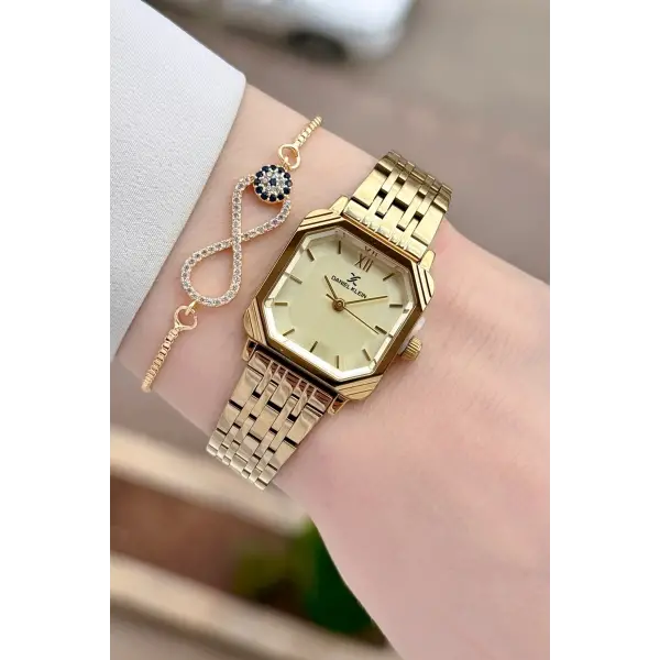 Kadranı Sarı Kordonu Gold Renk Hediye Paketli 23 Mm Kare Kadın Kol Saati ve Bileklik