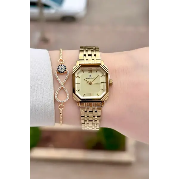 Kadranı Sarı Kordonu Gold Renk Hediye Paketli 23 Mm Kare Kadın Kol Saati ve Bileklik