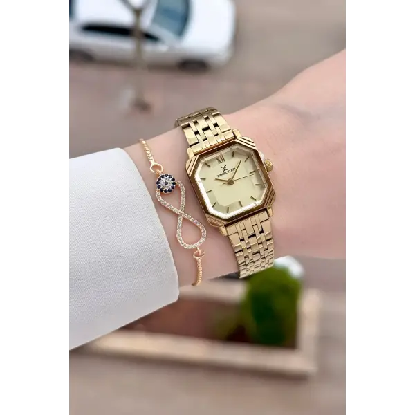 Kadranı Sarı Kordonu Gold Renk Hediye Paketli 23 Mm Kare Kadın Kol Saati ve Bileklik