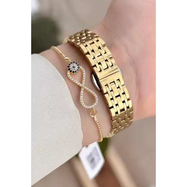 Kadranı Sarı Kordonu Gold Renk Hediye Paketli 23 Mm Kare Kadın Kol Saati ve Bileklik