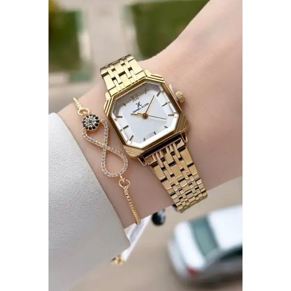 Gold Hediye Paketli 23 Mm Kare Kadın Kol Saati ve Bileklik