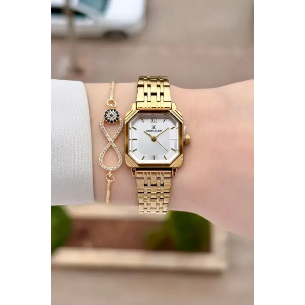 Gold Hediye Paketli 23 Mm Kare Kadın Kol Saati ve Bileklik