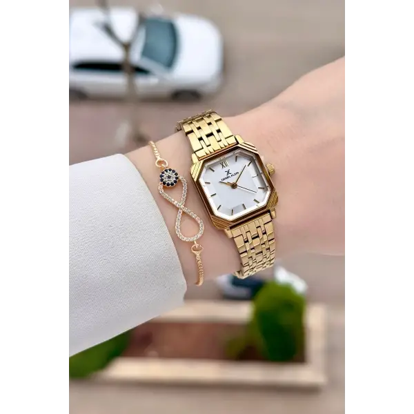 Gold Hediye Paketli 23 Mm Kare Kadın Kol Saati ve Bileklik