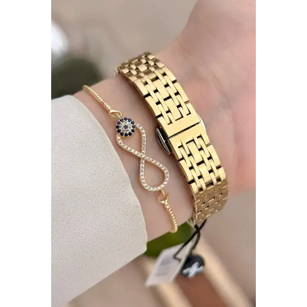 Gold Hediye Paketli 23 Mm Kare Kadın Kol Saati ve Bileklik