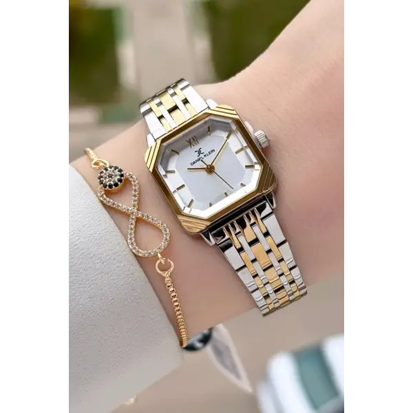 Gold Gümüş Renk Hediye Paketli 23 Mm Kare Kadın Kol Saati ve Bileklik