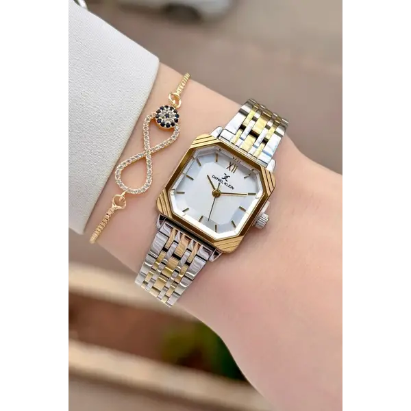 Gold Gümüş Renk Hediye Paketli 23 Mm Kare Kadın Kol Saati ve Bileklik