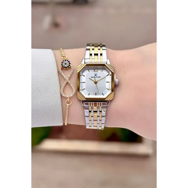 Gold Gümüş Renk Hediye Paketli 23 Mm Kare Kadın Kol Saati ve Bileklik