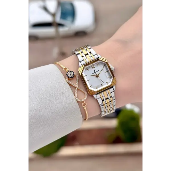Gold Gümüş Renk Hediye Paketli 23 Mm Kare Kadın Kol Saati ve Bileklik