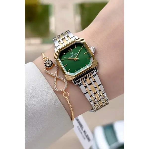Gold Gümüş Yeşil Renk Hediye Paketli 23 Mm Kare Kadın Kol Saati ve Bileklik