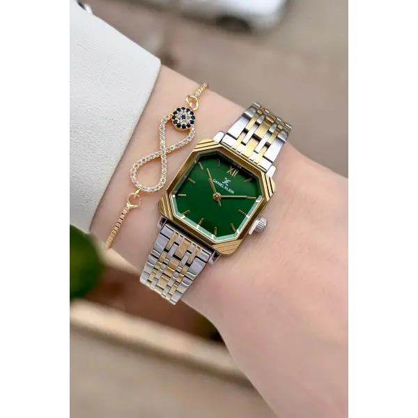 Gold Gümüş Yeşil Renk Hediye Paketli 23 Mm Kare Kadın Kol Saati ve Bileklik